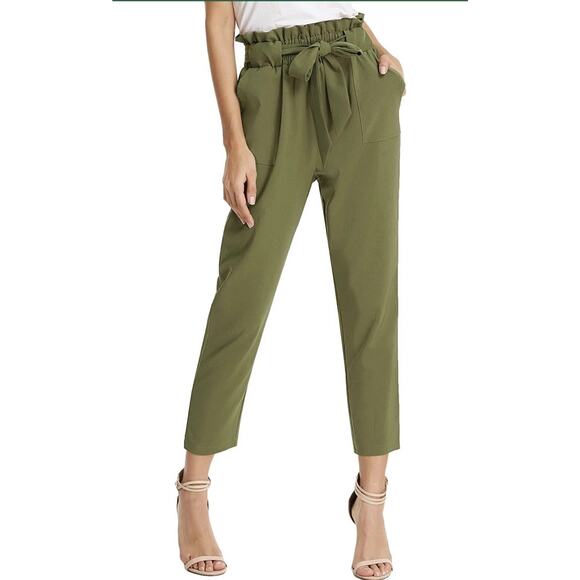 Grace Karin Cropped High Waisted Cropped Paper Bag Pants Size L Khaki Green - Picture 1 of 15